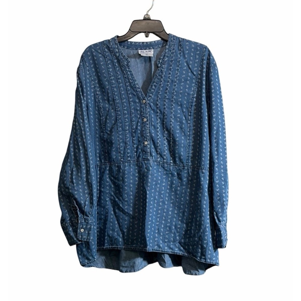 VTG Blair Denim Popover Top 3X Blue Micro Floral Pintuck Pearl Snap Cottagecore